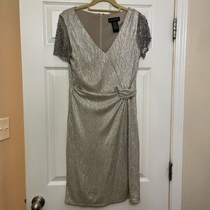 Cachet Silver Sheath Dress with Flutter Sleeves and V-Neck